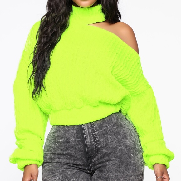 Neon green yellow turtleneck cold shoulder long sleeve tunic sweater crop top - Picture 1 of 3